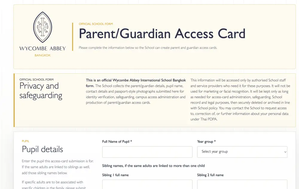 Parent and Guardian Access Card form with privacy and safeguarding information