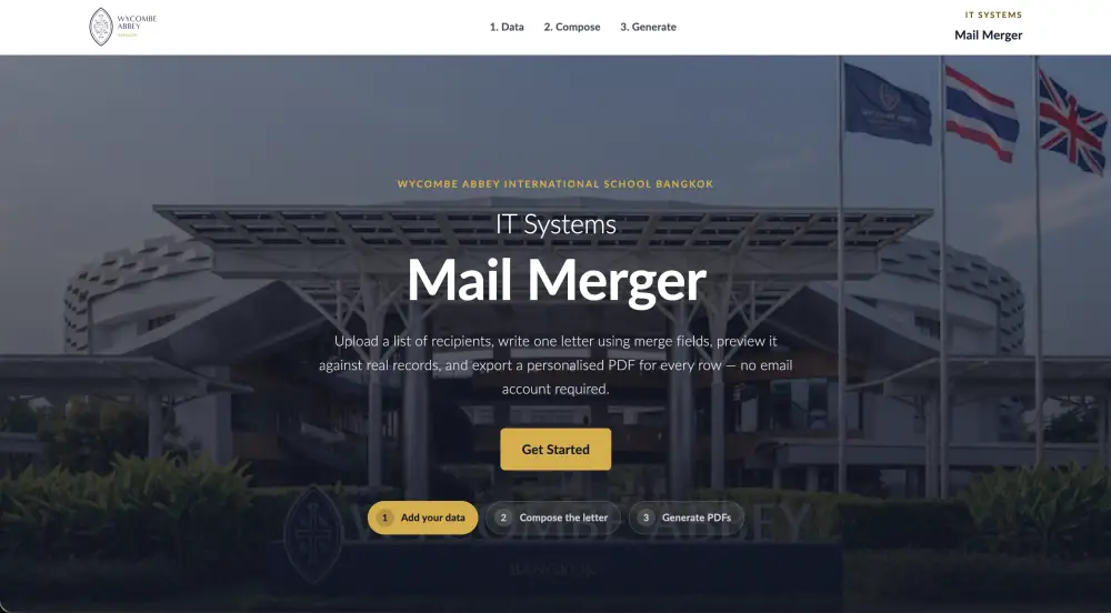Mail Merger home screen with the school entrance photograph