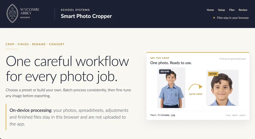 Smart Photo Cropper home screen showing a before-and-after pupil photograph crop