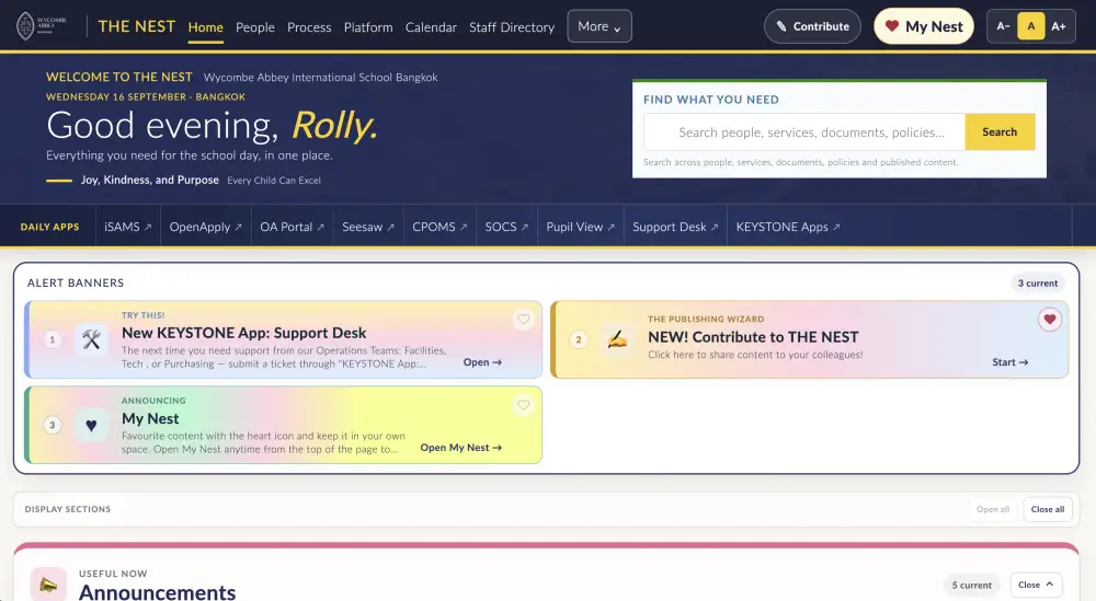 THE NEST staff portal dashboard