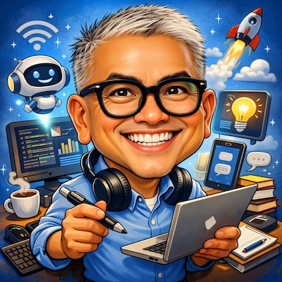 Illustrated caricature of Rolly with a laptop, robot and rocket