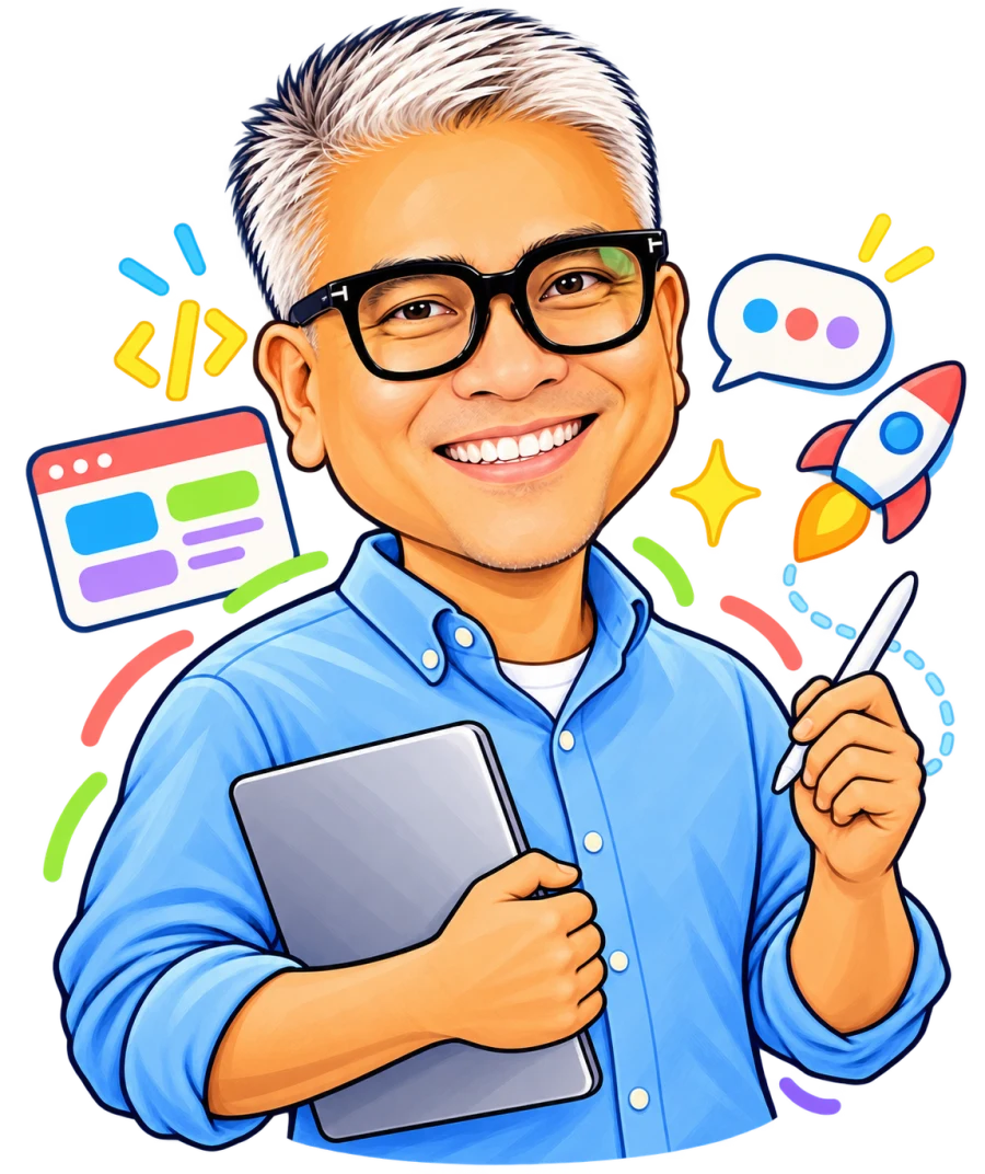 Caricature of Dr. Rolly Alfonso-Maiquez holding a laptop and stylus, surrounded by playful coding elements